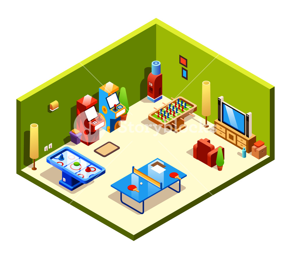 1000x879 Vector Isometric Cross Section Recreation Room With Entertainment