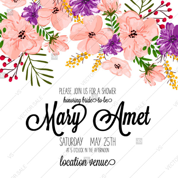 600x600 Pink Anemone Floral Vector Wreath Bridal Shower Invitation