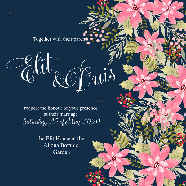600x600 Pink Flower Wedding Invitation Vector Template On Nawy Blue