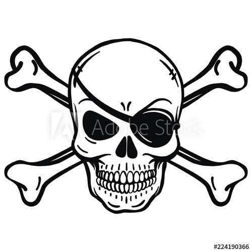500x500 Bad Horror Skull With Eye Patch And Crossbones Black And White