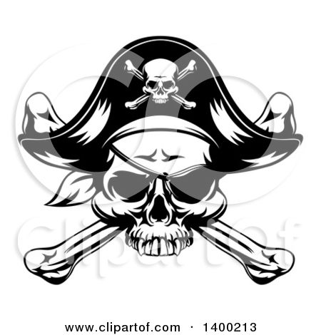 450x470 Clipart Of A Black And White Skull Wearing An Eye Patch And Pirate