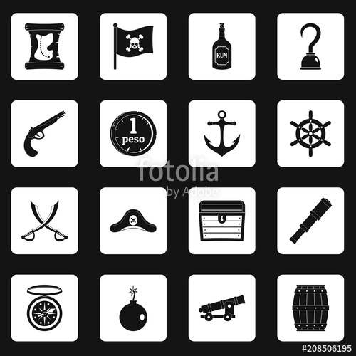 500x500 Pirate Icons Set In White Squares On Black Background Simple Style