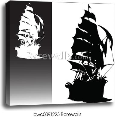 382x390 Pirates Ship Black And White Vector, Canvas Print Barewalls