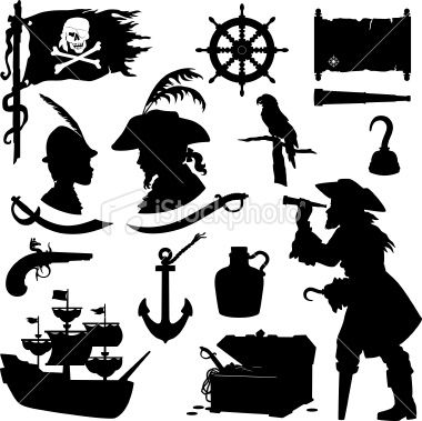 380x379 Pirate Silhouettes Including Ship, Treasure Chest, Parrot, Rum