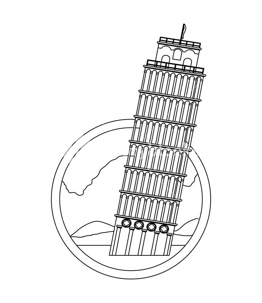 867x1000 Line Leaning Tower Of Pisa With Nice Landscape Vector Illustration