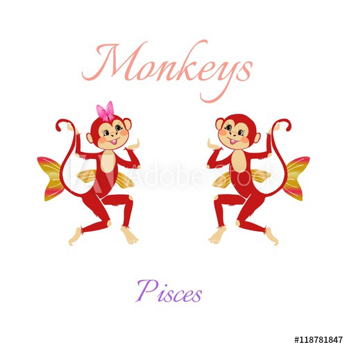 500x500 Funny Horoscope With Cute Monkeys Zodiac Signs Pisces Vector