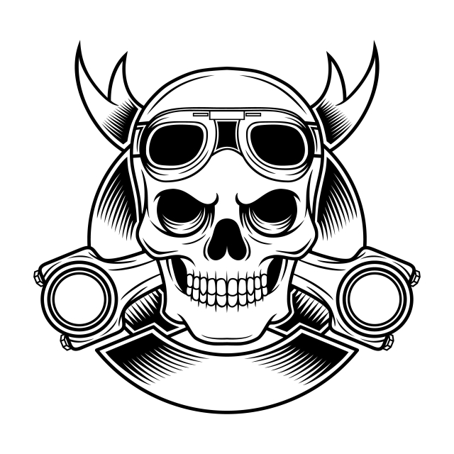 640x640 Vintage Biker Skull With Ribbon Goggles And Piston Emblem, Art