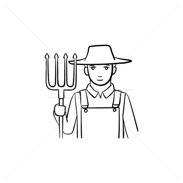 600x600 Farmer With Pitchfork Hand Drawn Sketch Icon Vector Illustration