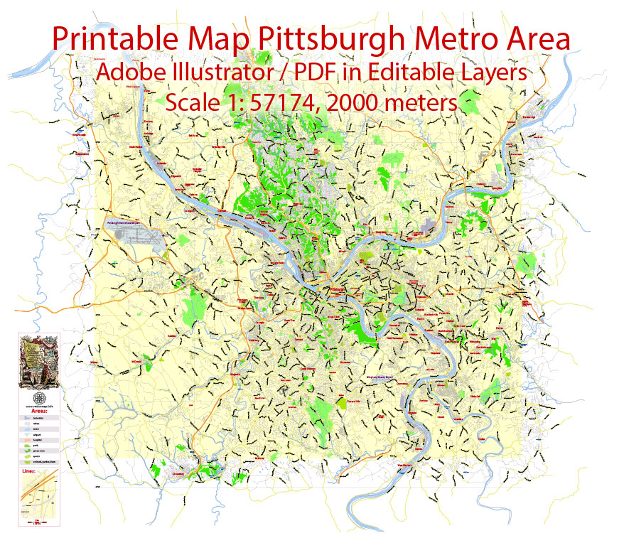 878x757 Printable Map Pittsburgh Metro Area Adobe Illustrator Editable