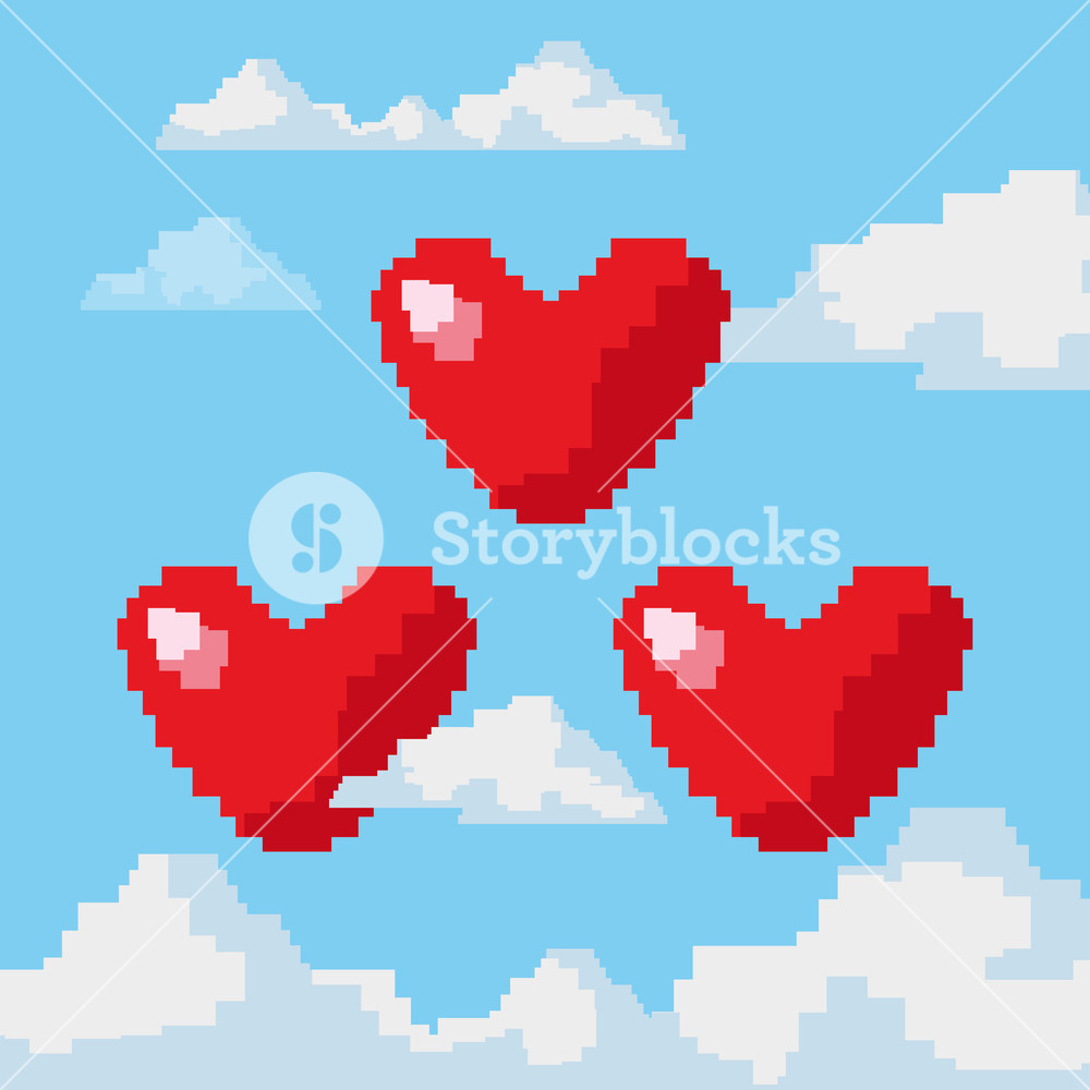 1000x1000 Pixelated Hearts Over Sky Background, Colorful Design Vector