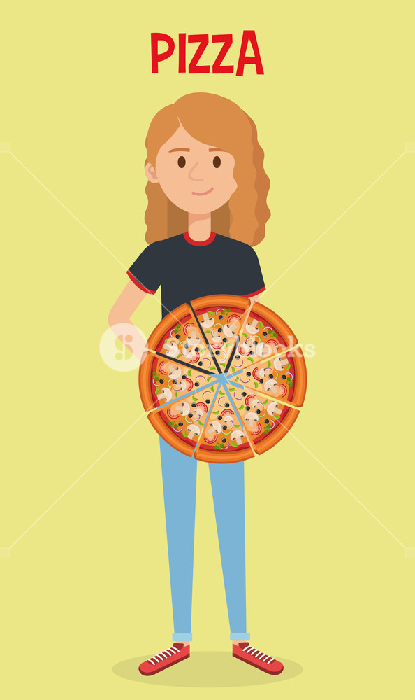 594x1000 Beautiful Woman With Italian Pizza Vector Illustration Design