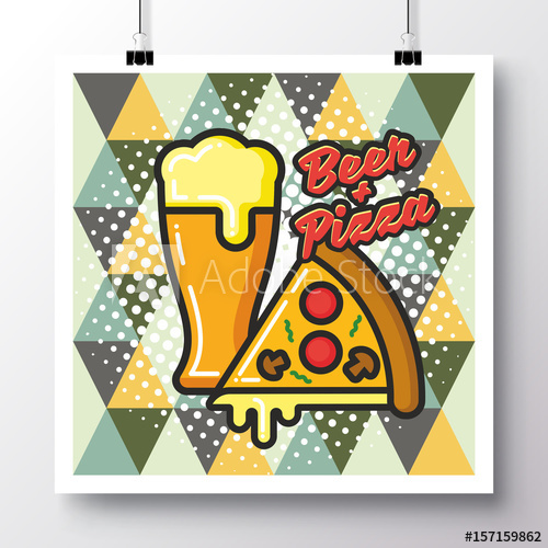 500x500 Poster With Icon Beer And Pizza On A Vintage Pattern Background