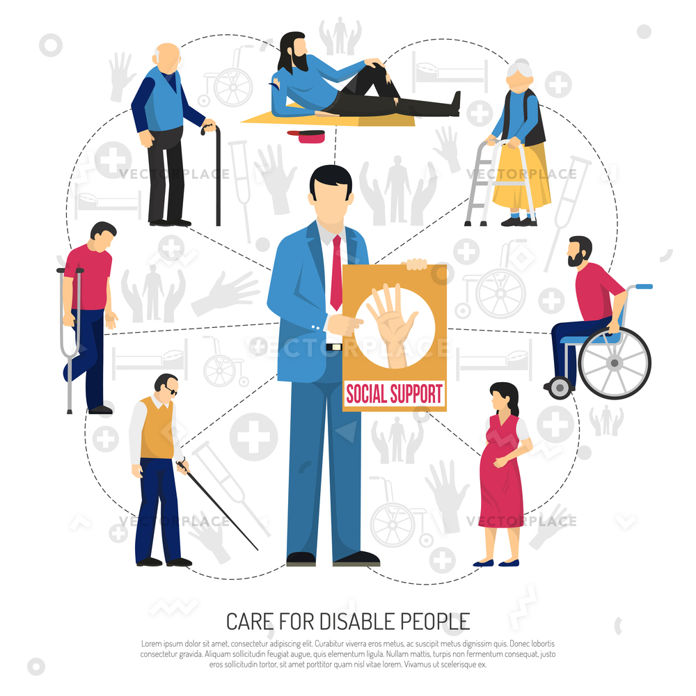 1000x1000 Social Support For Disabled People Composition Vector Illustration