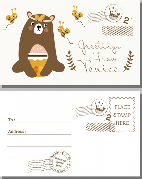 476x600 Postcard Cover Template Bear Honey Bees Icons Free Vector In Adobe