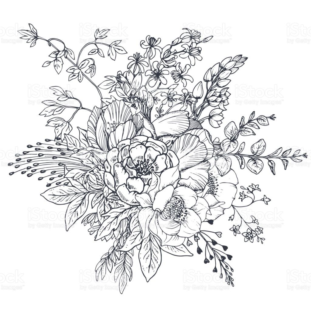 1024x1024 Floral Composition Bouquet With Hand Drawn Flowers And Plants