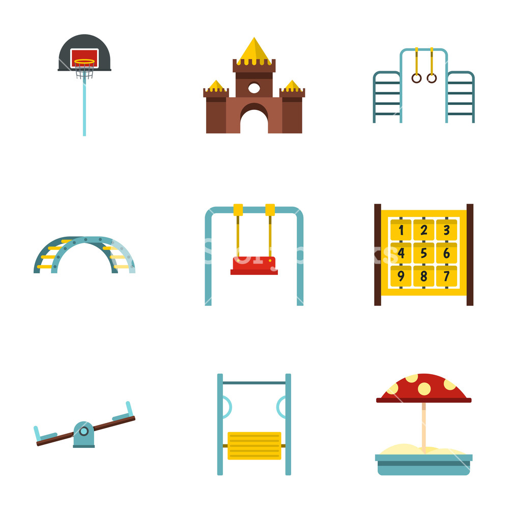 1000x1000 Kindergarten Playground Icons Set Flat Illustration
