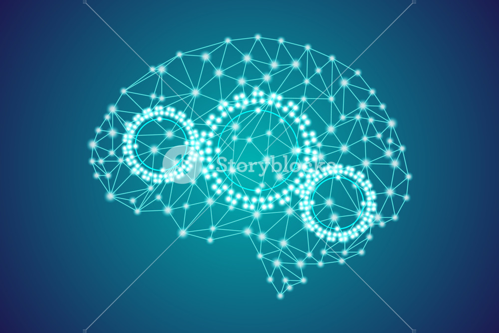 1000x667 Digital Polygonal Plexus Blue Human Brain With Gears