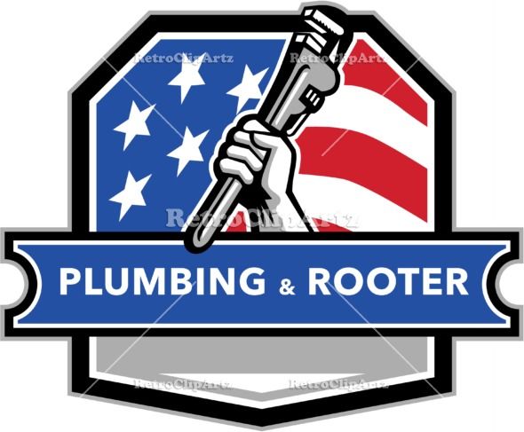 590x487 Plumber Hand Pipe Wrench Usa Flag Crest Retro Vector Stock