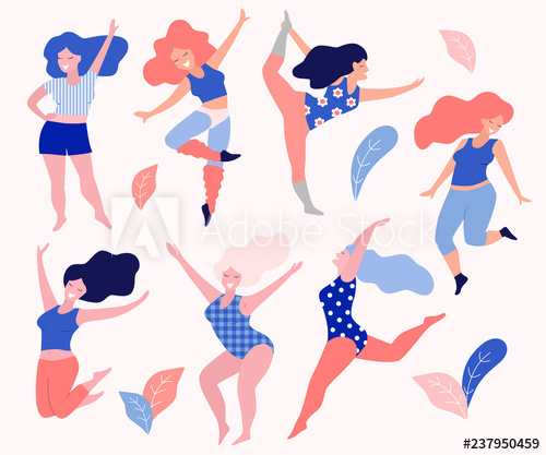 500x417 Happy Beautiful Active Plus Size Girls Vector Flat Illustration