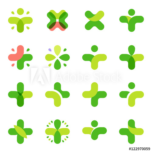 500x500 Isolated Abstract Green Color Cross Logo Set Medical Logotype