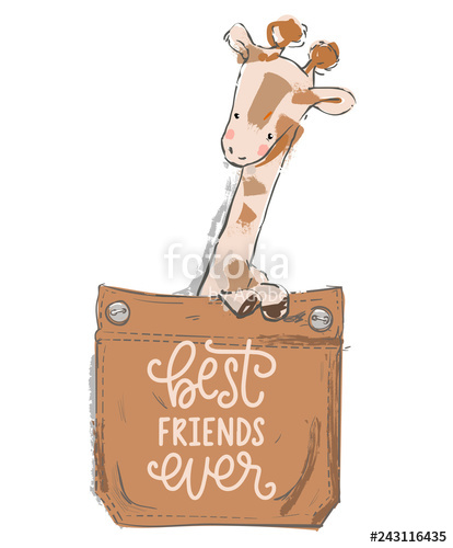 414x500 Cute Lovely Cartoon Giraffe On Pocket Vector Illustration Stock