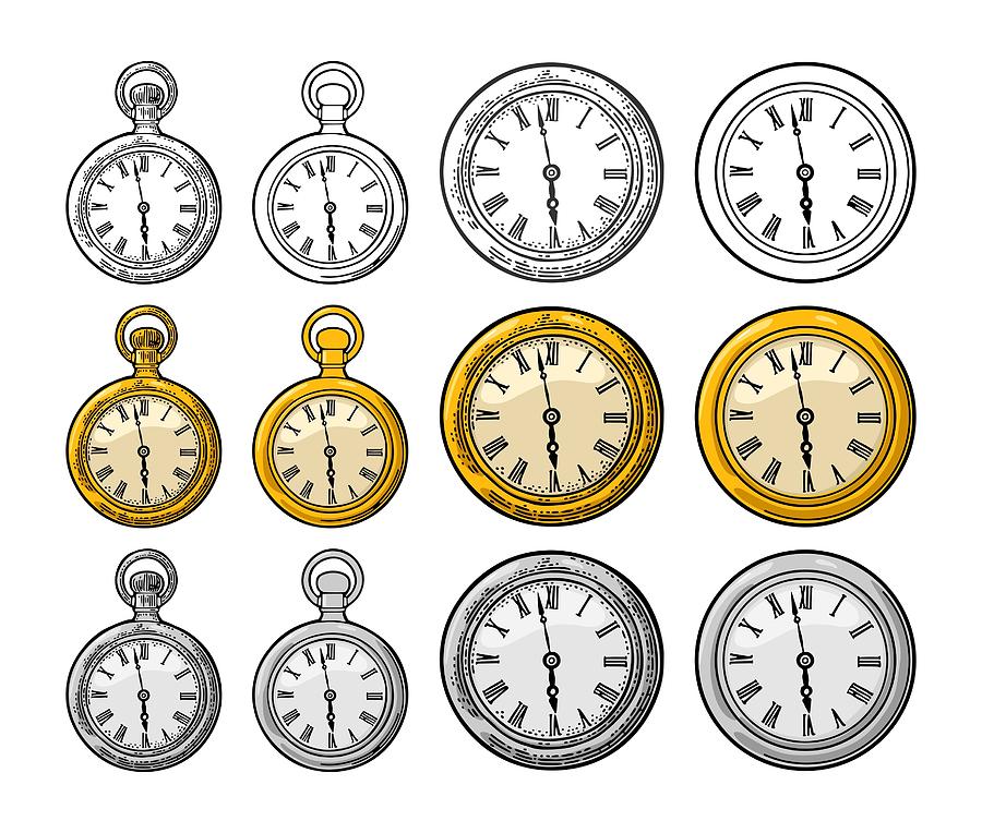 Antique Pocket Watch And Wall Clock Vector Engraving Drawing 900x764 Antique Pocket Watch And Wall Clock Vector Engraving Drawing