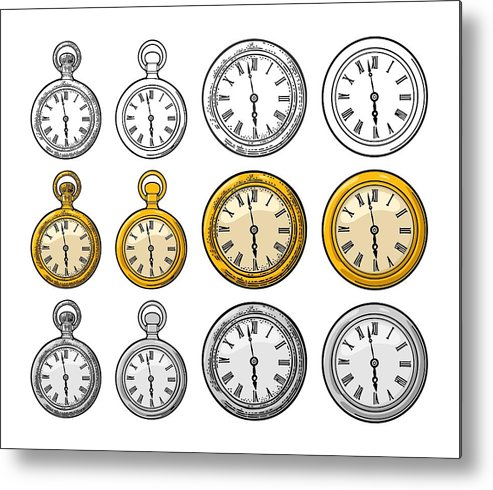 Antique Pocket Watch And Wall Clock Vector Engraving Metal Print 493x490 Antique Pocket Watch And Wall Clock Vector Engraving Metal Print