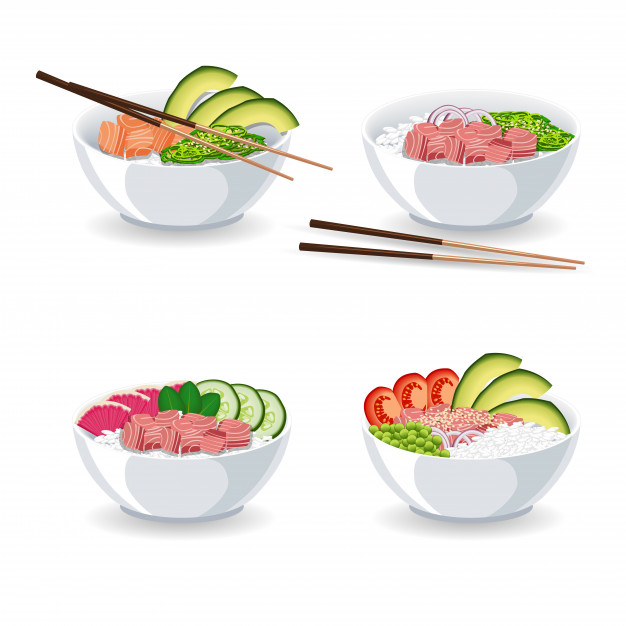 626x626 Set Of Illustrations With Different Types Of Poke Bowl Vector