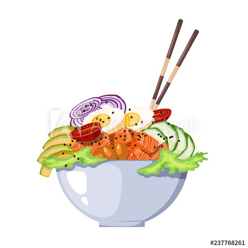 500x500 White Round Poke Bowl With Salmon, Avocado,cucumber, Egg, Onion