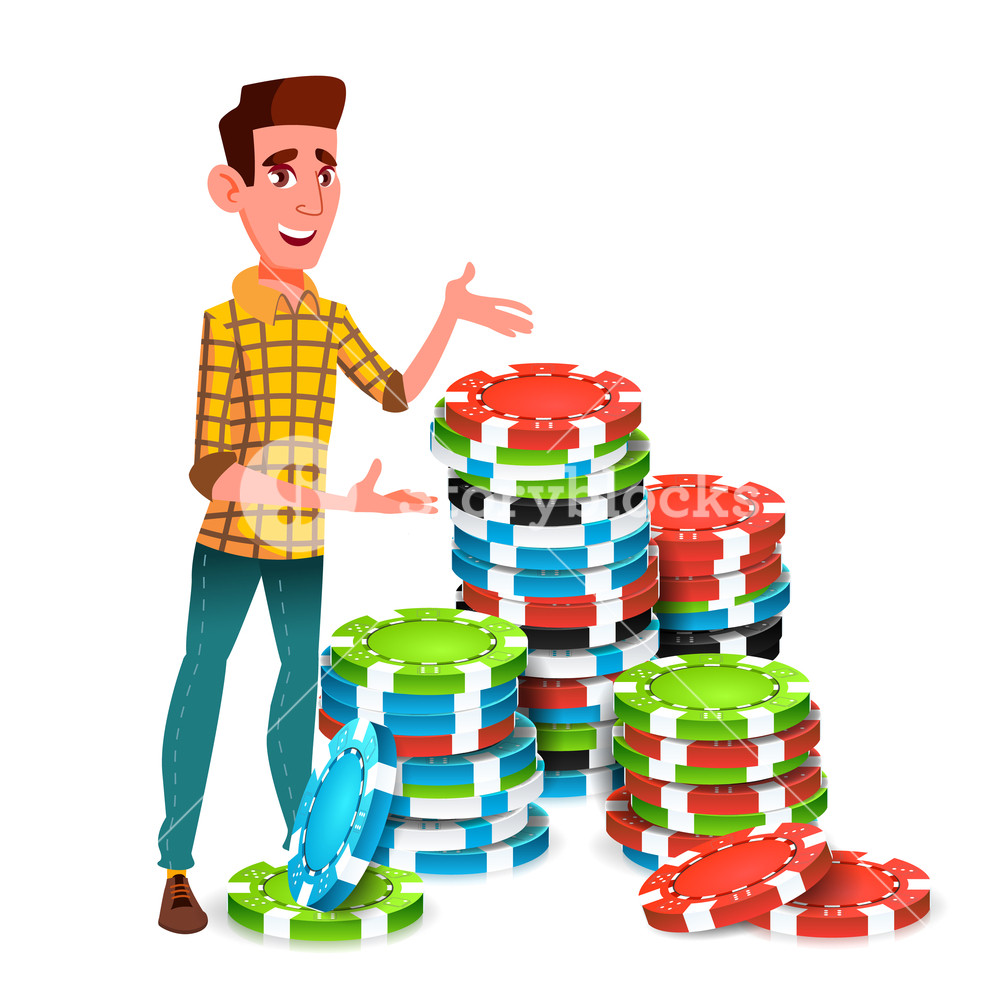 1000x1000 Young Gambler With Huge Stack Of Poker Chips Vector Isolated