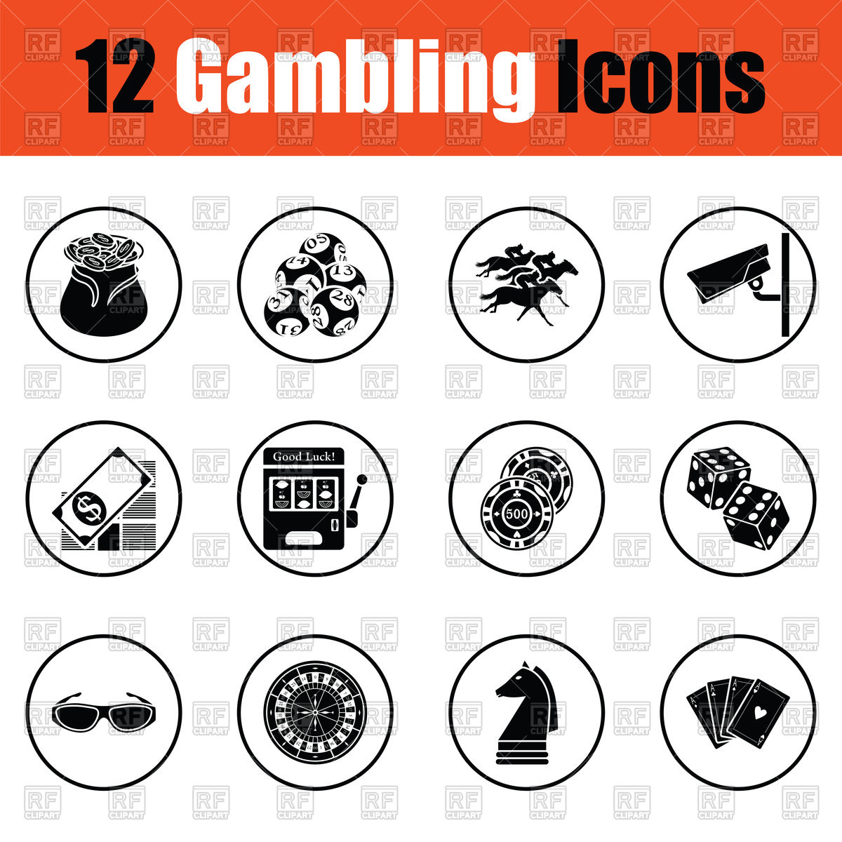 1200x1200 Gambling Icon Set Chess, Lottery, Horse Racing, Poker Vector