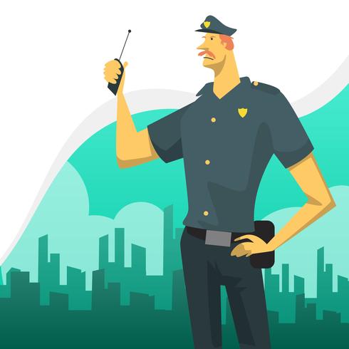 490x490 Flat Police Officer Character With City Skyline Background Vector