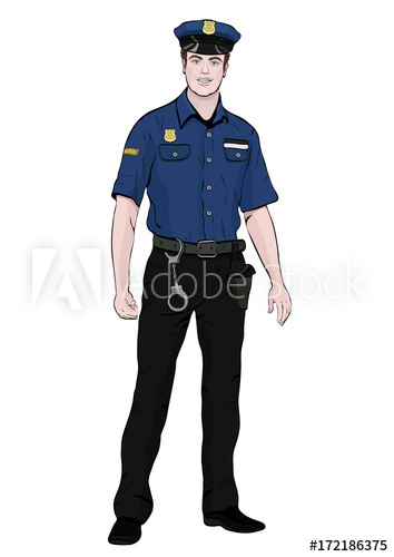 354x500 Police Officer Standing Front Side, Vector Cartoon Portrait Male