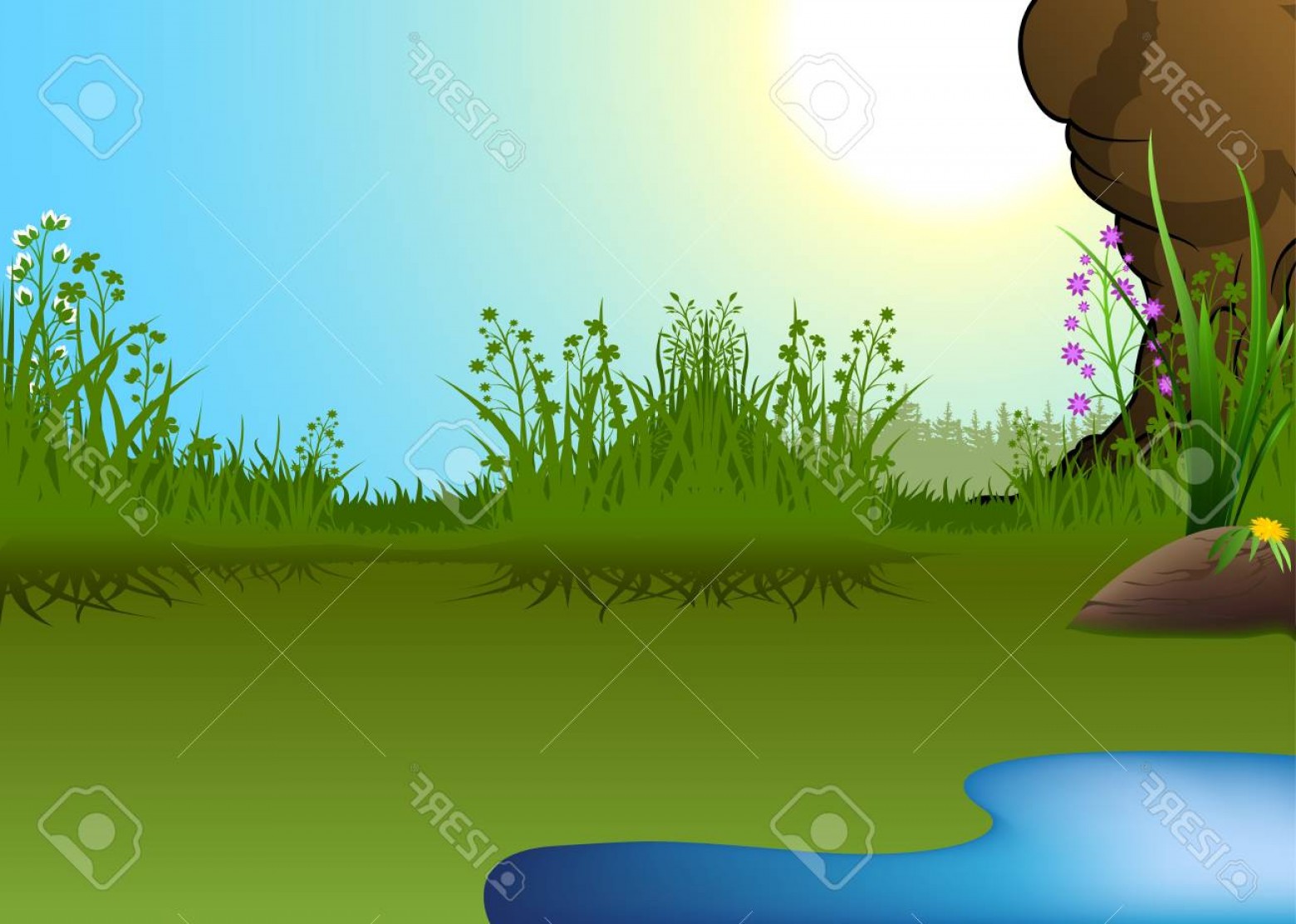 1560x1113 Photostock Vector Cartoon Landscape With Little Pond Vector
