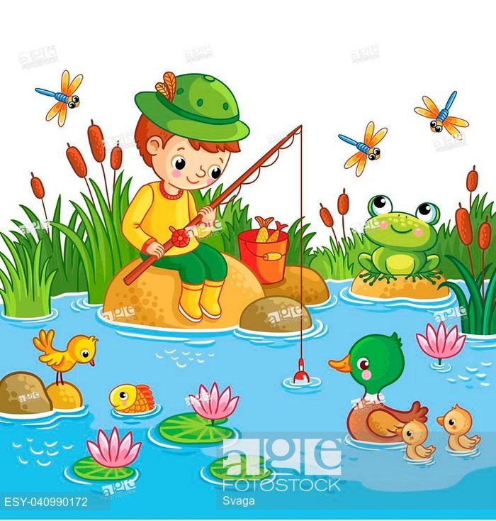 700x734 The Boy Sits On A Rock And Catches Fish In A Pond Vector