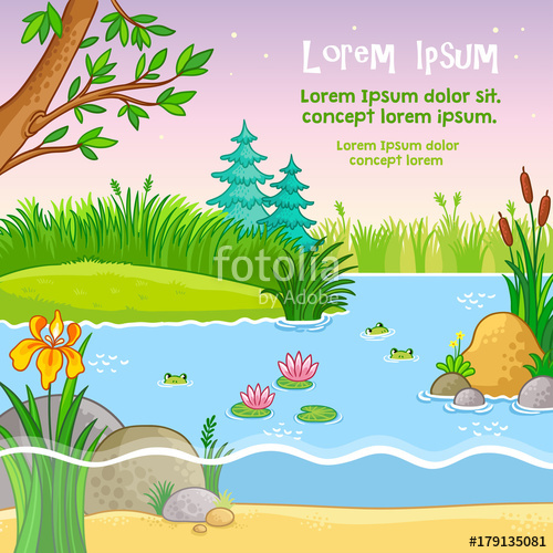 500x500 Vector Background Illustration With Nature Pond With Frogs