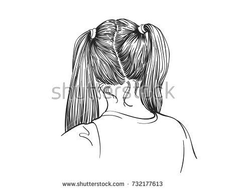 450x380 Sketch Of Girl Head With Long Hair In Two Ponytail, View From Back