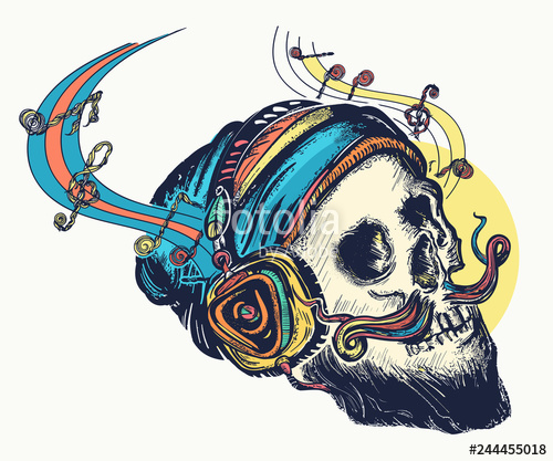 500x417 Skull In Earphones Listens To Music, Pop Culture Tattoo And T