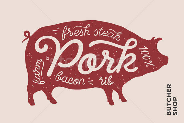 600x400 Trendy Illustration With Red Pig Silhouette And Words Pork Vector