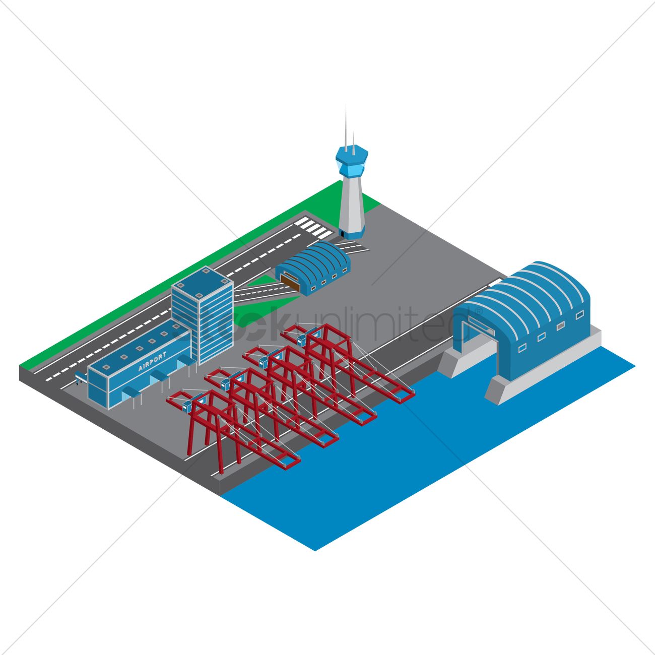 1300x1300 Isometric Airport And Port Vector Image