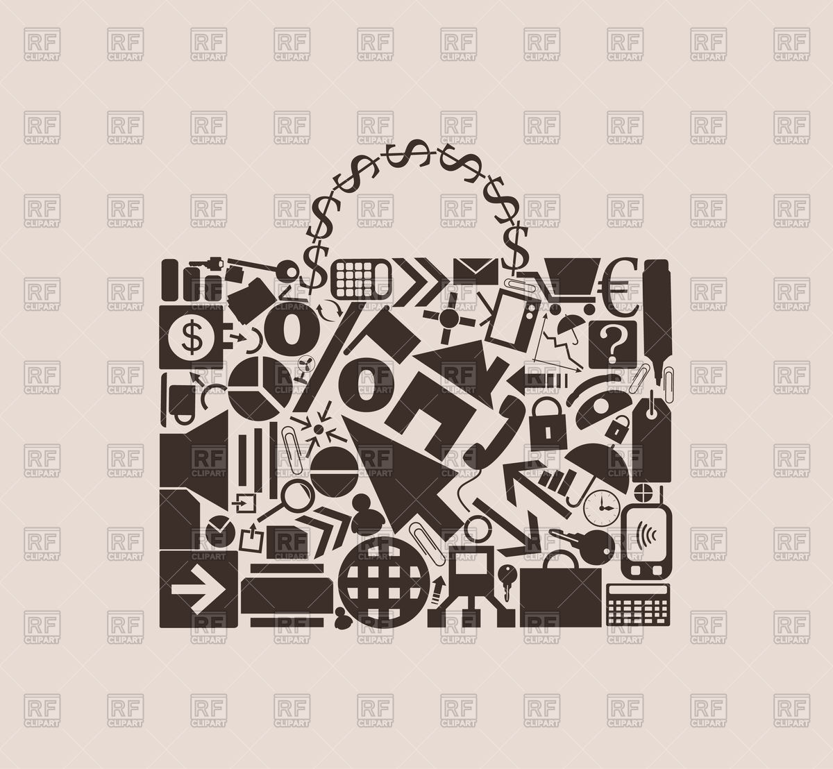 1200x1108 Portfolio Bag With Office Subjects Icons Vector Image Of Signs