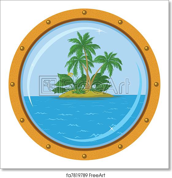 561x581 Free Art Print Of Island With Palm And Bronze Ship Window