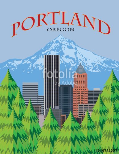 386x500 Portland Oregon Skyline Scenic Poster Vector Illustration Stock