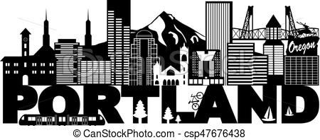 450x198 Portland Oregon Skyline And Text Black And White Illustration