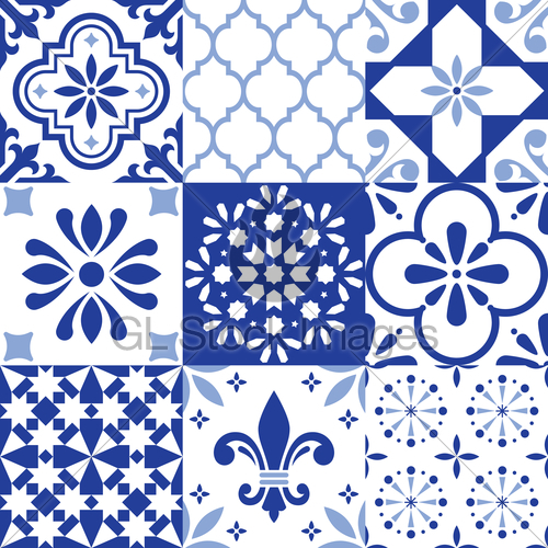 500x500 Lisbon Indigo Tiles Vector Seamless Pattern, Portuguese A Gl