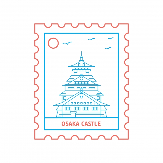 640x640 Osaka Castle Postage Stamp Blue And Red Line Style Vector Illus