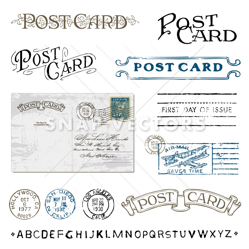 800x800 Vector Clipart Of Retro Postage And Postcard Stamps