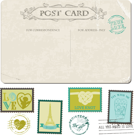471x473 Vintage Wedding Postcard With Postage Stamps Vector Free Vector