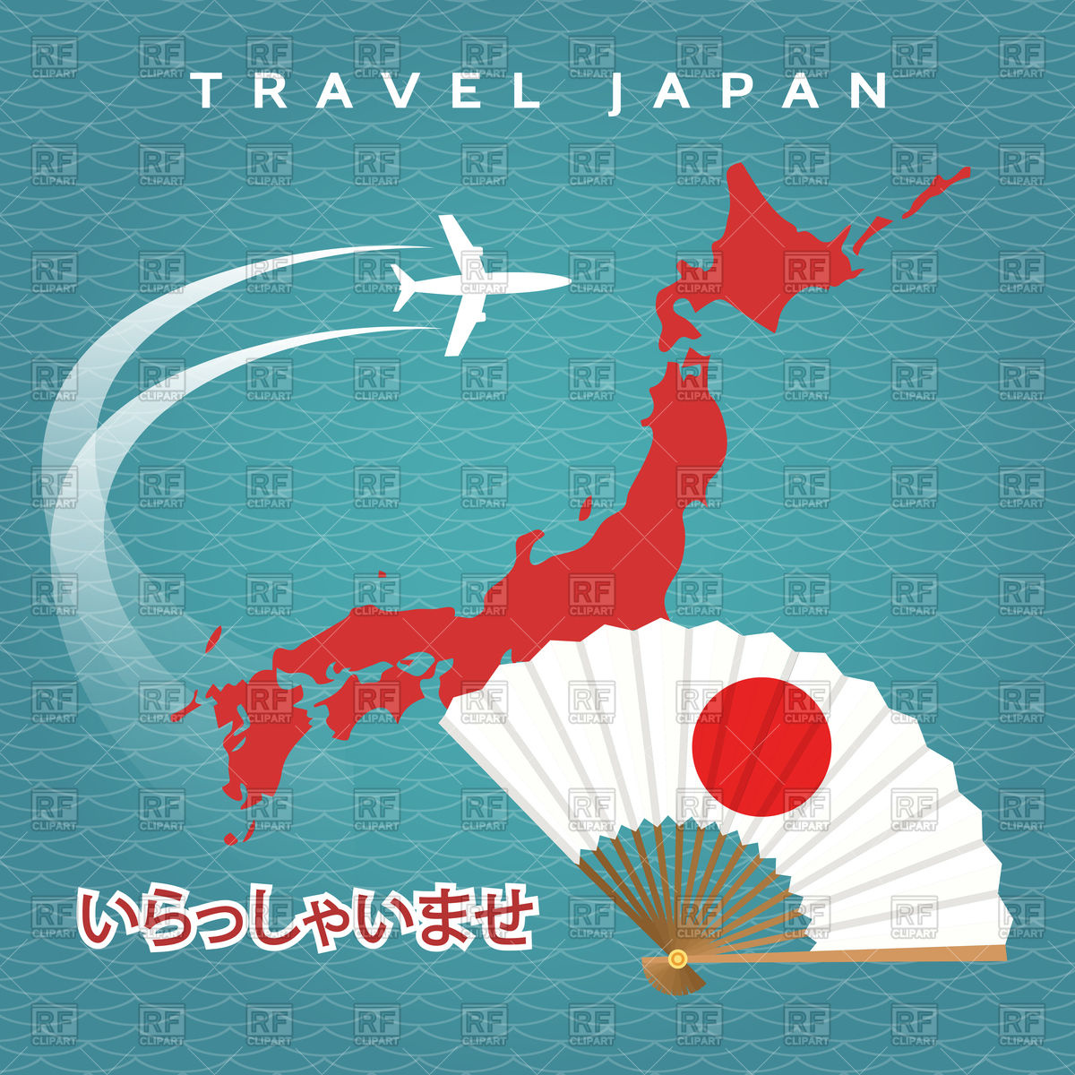 Japanese Travel Poster With Japan Map, Airplane And Fan On Blue 1200x1200 Japanese Travel Poster With Japan Map, Airplane And Fan On Blue
