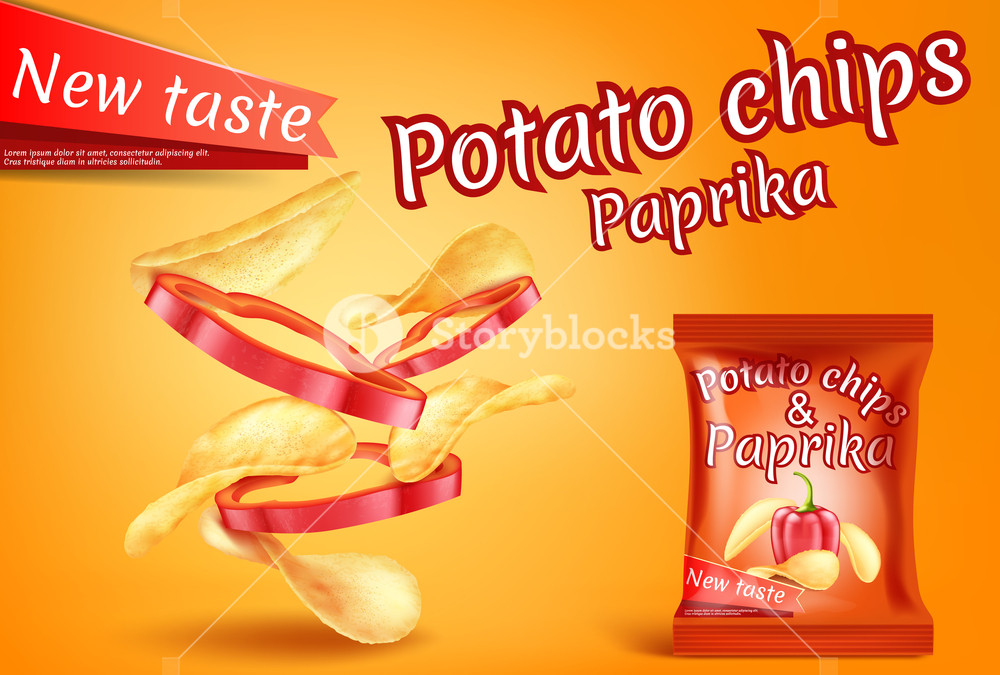 1000x675 Vector Promotion Banner With Realistic Potato Chips And Paprika